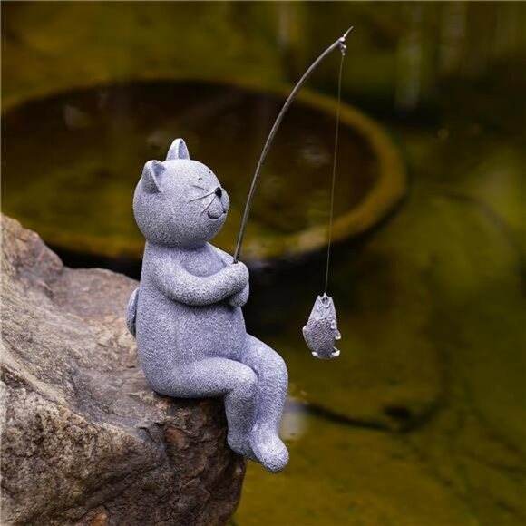 Fishing Cat Garden Statue – 10" Little Cat Fisher for Garden Pond Decor - Picture 6 of 8